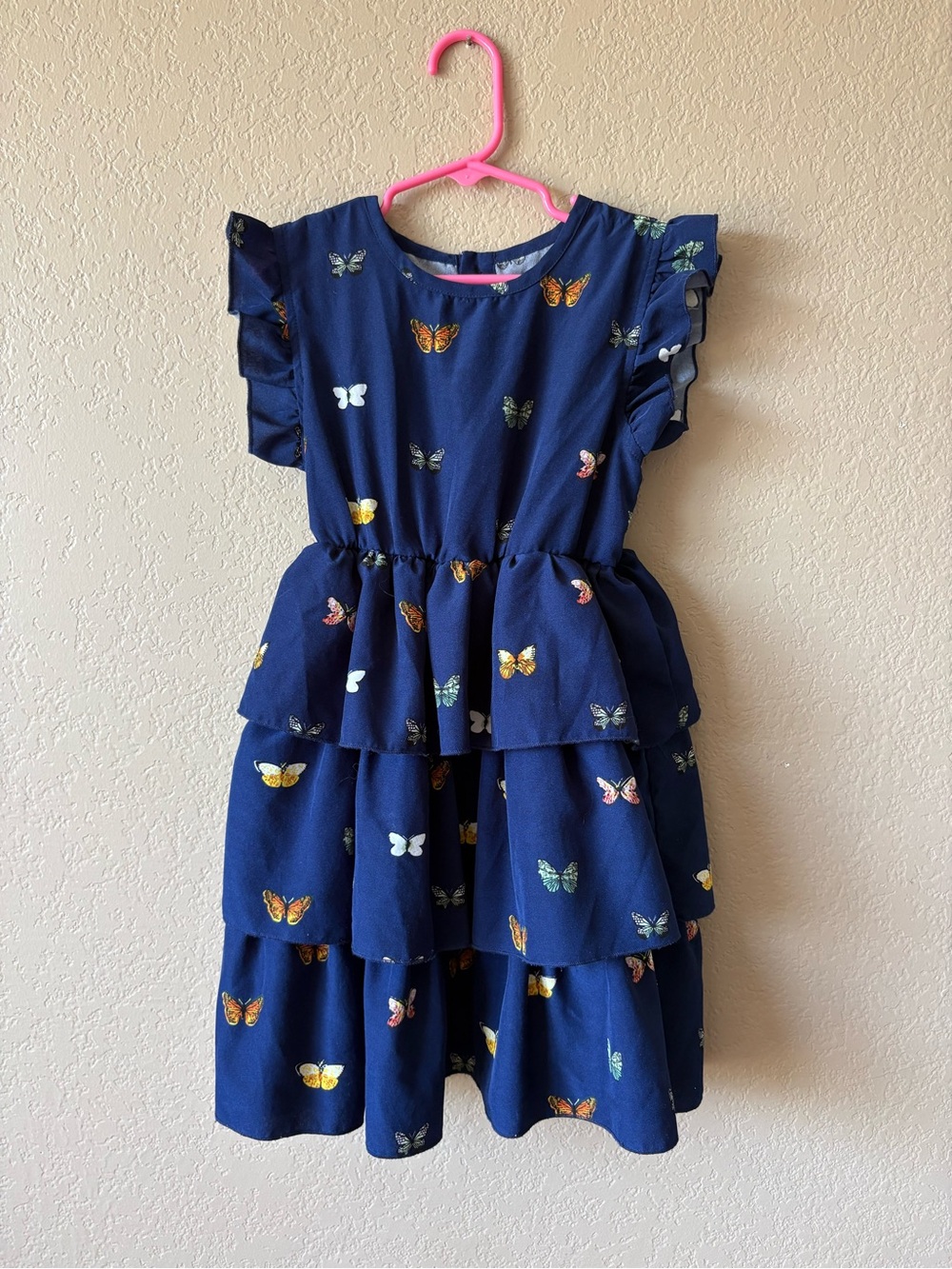 Girls Size 8 Navy Blue Tiered Dress Short Sleeve Butterflies Ruffles Cottagecore
